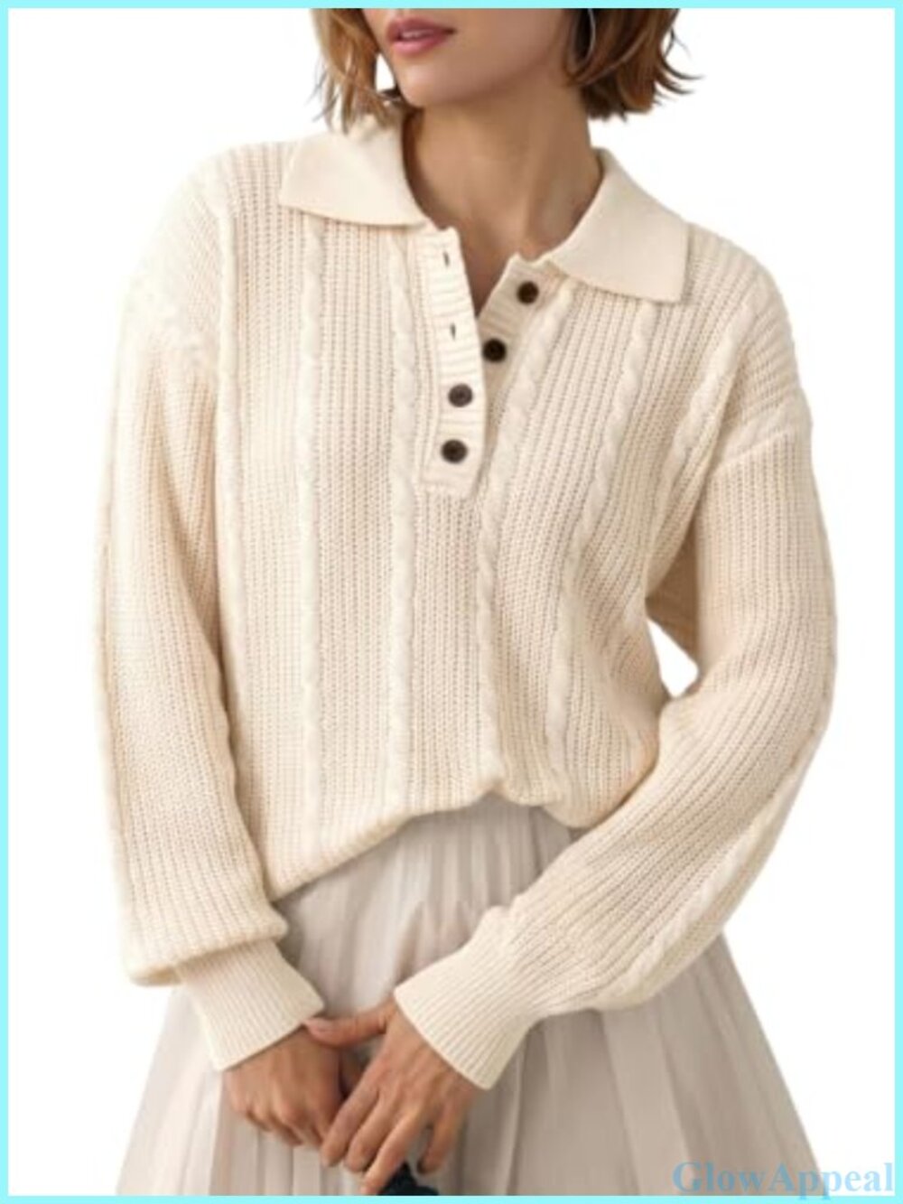 Button Front Cable Knit Sweater with Lapel Collar and Drop Shoulder Design